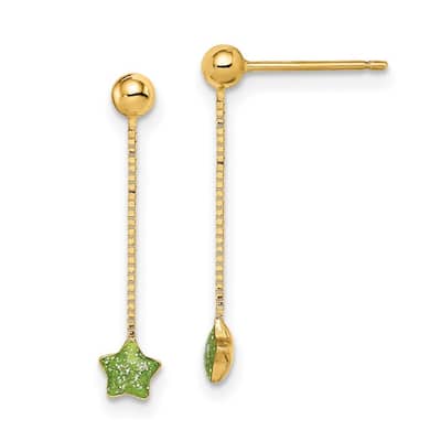 Curata 14k Yellow Gold 21mm Green Enameled Star Chain Dangle Post Earrings