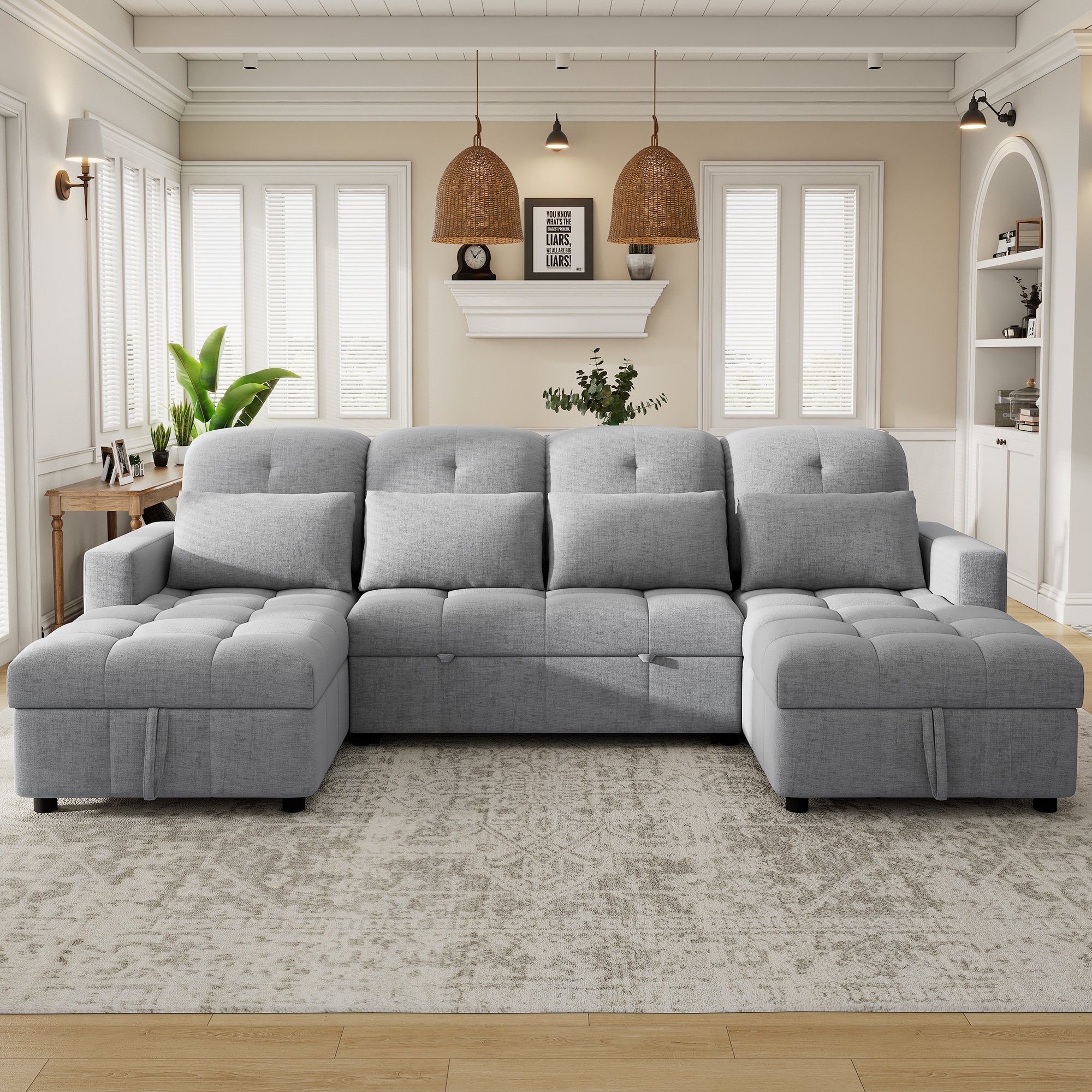 Tufted Upholstered Sofa Convertible Sofa Bed with 2 Storage Chaise U-Shaped Sofa with Pull-Out Bed Chenille Sleeper Couches