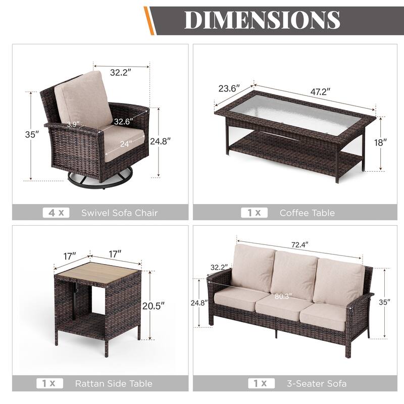 MAISON ARTS 7-Piece Extra-Large Patio Wicker Sofa Conversation Set with Table, Oversize Seat with 5.5'' Thick Padded Cushion