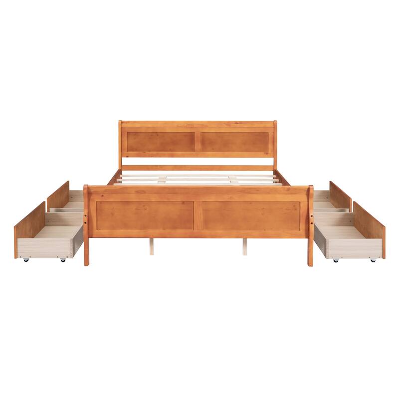 Wood Platform Bed with 4 Drawers and Streamlined Headboard & Footboard