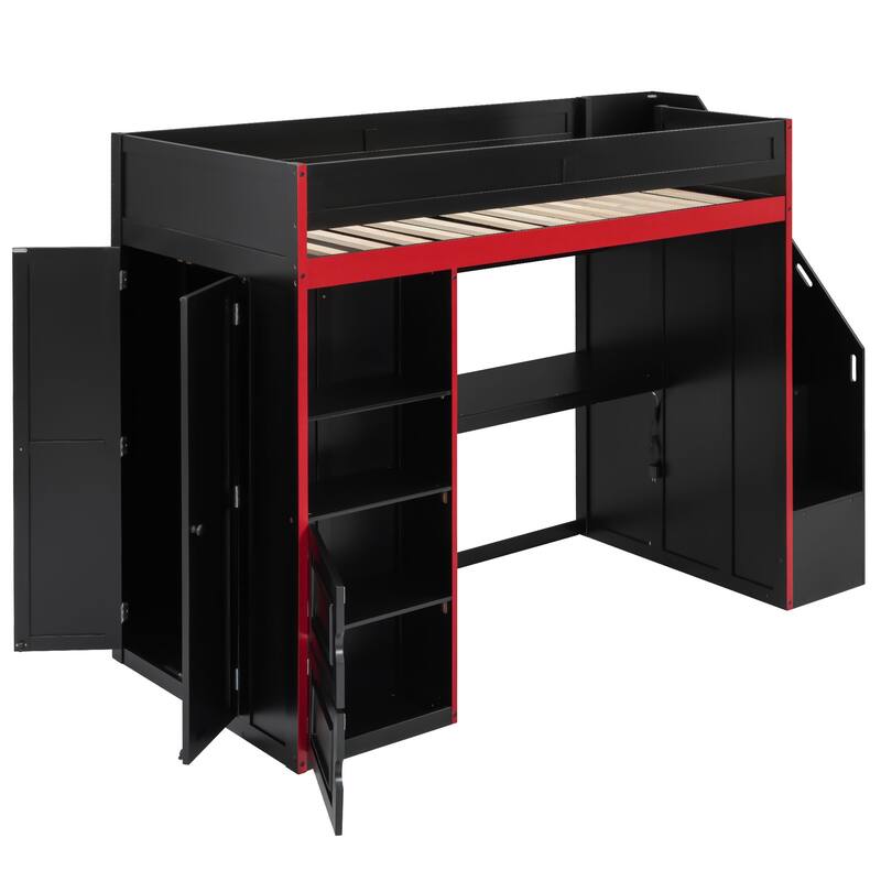 Roomfitters Twin/Full Gaming Loft Bed with Desk, Storage Locker and LED Lights, Black