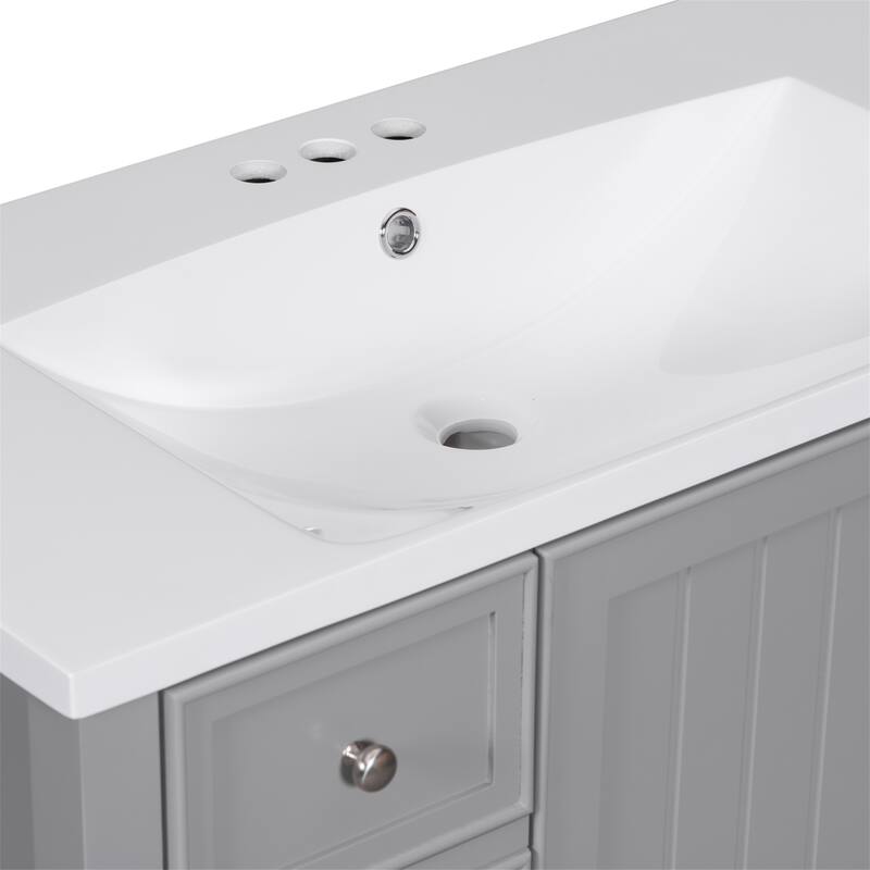 36" Bathroom Vanity w/ Ceramic Sink, 1 Cabinet, 3 Drawers - Solid Wood