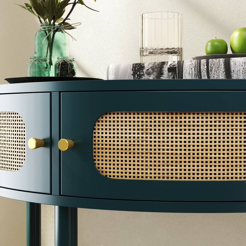 Half Moon Rattan Console Table - Curved Entryway Table with 2 Drawers and Shelf