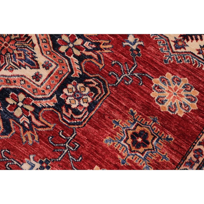 Caucasian Super Kazak Luna Red/Beige Hand Knotted Wool Rug - 5'9'' x 7'9''