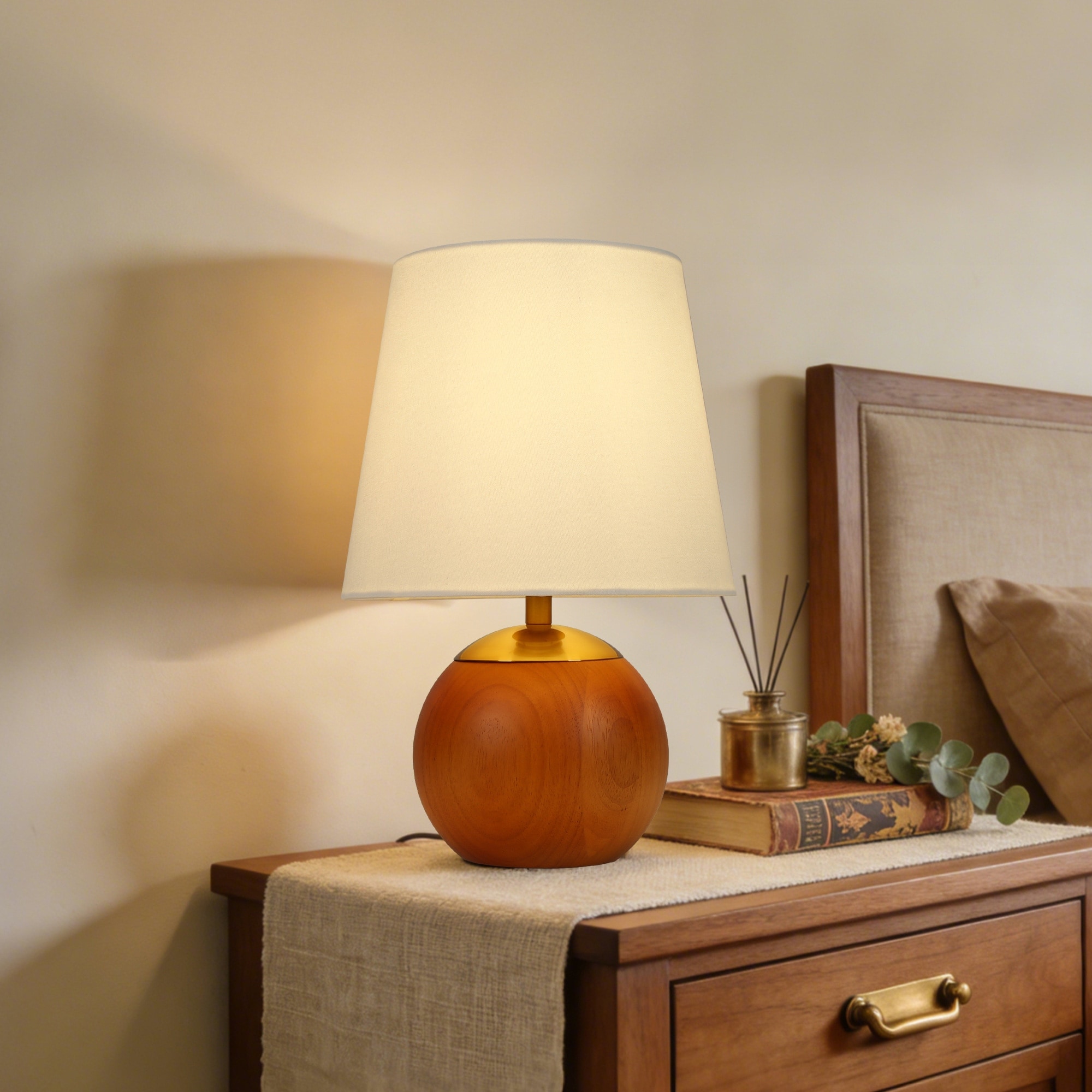 Spherical Wood Table Lamp Linen Shade Bedroom Ambient Light - 9"W x 14.1"H
