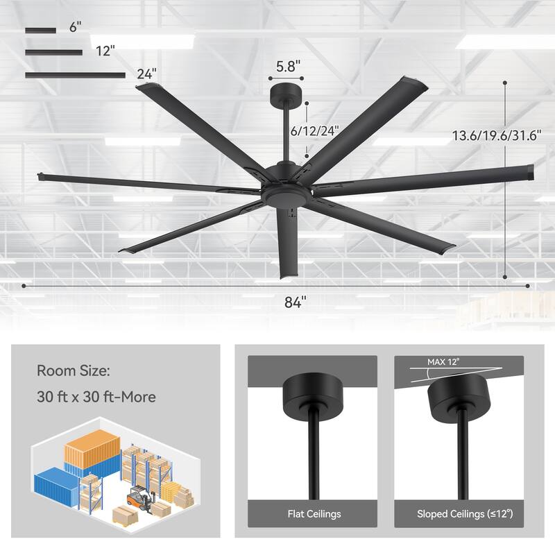 72"/84"/96"/120"/144" Extra Larger HVLS Commercial Ceiling Fan with Remote and Aluminum Blades