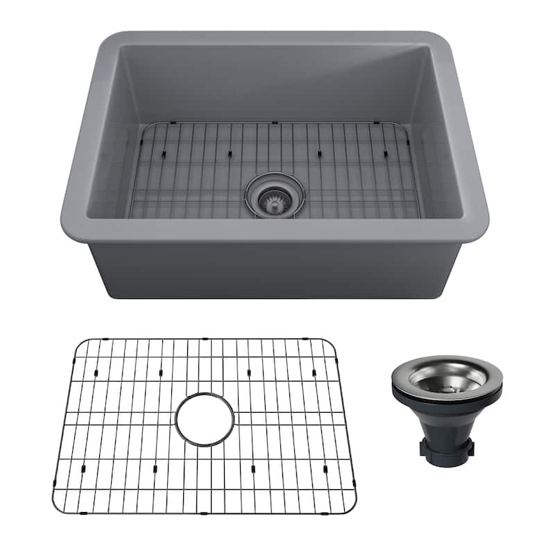 CASAINC Undermount Single Bowl Fireclay Kitchen Sink with Bottom Grid and Strainer, cUPC Certified