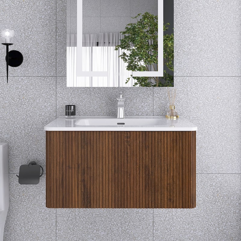 24 in./ 30 in. W Wall Mounted Bathroom Vanity with Integrated Ceramic Sink and Drawer - 30" x 15" - Textured - Black Walnut