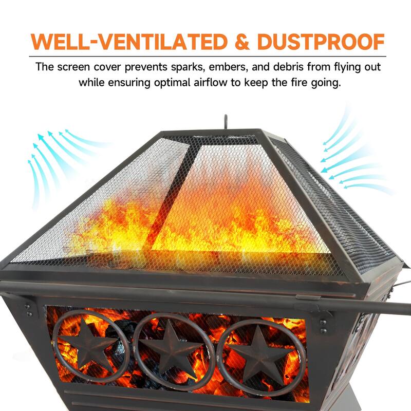 33" Large Fire Pit with Screen Lid, Poker, Cover. Outdoor Wood Burning Firepit for Patio & Backyard