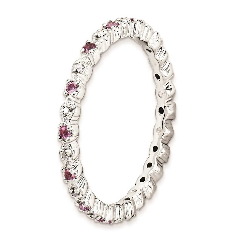 Curata 925 Sterling Silver Polished Prong set Stackable Expressions Pink Tourm. and Diamond Ring