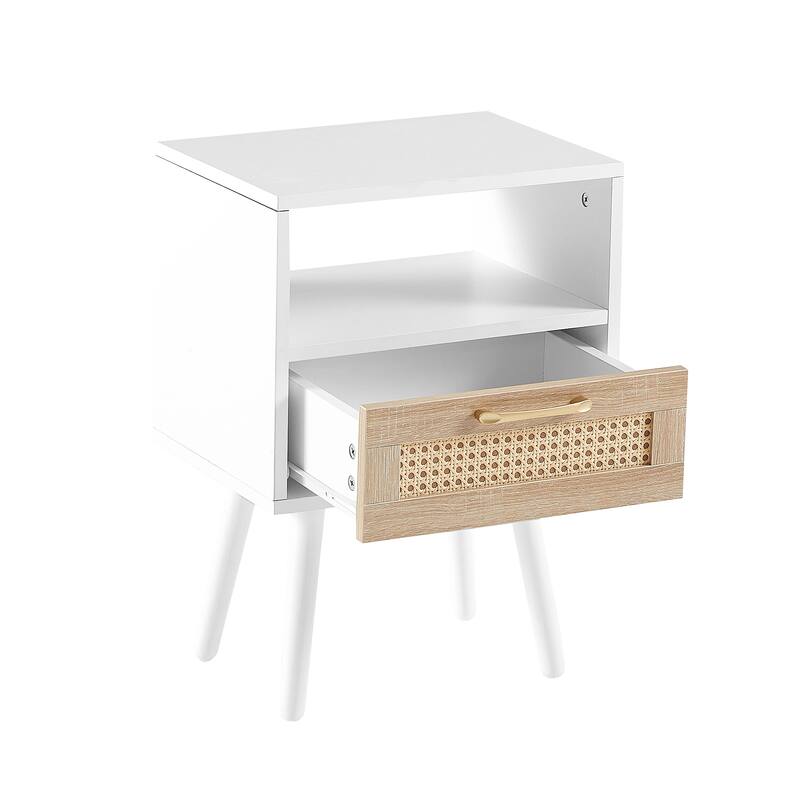 15.75" Rattan End table with drawer and solid wood legs, Modern nightstand, side table