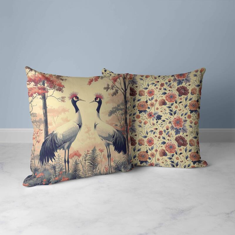 Autumnal Cranes Faux Suede Reversible Throw Pillow Gray and Red