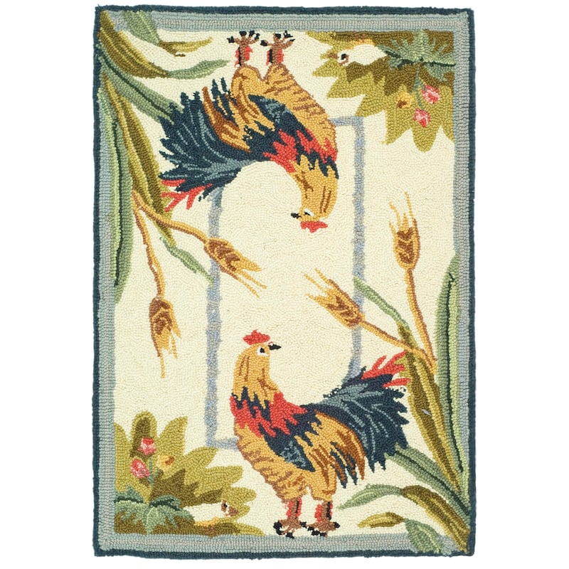 SAFAVIEH Handmade Chelsea Yauheniya French Country Rooster Wool Rug - 1'8" x 2'6" - Ivory