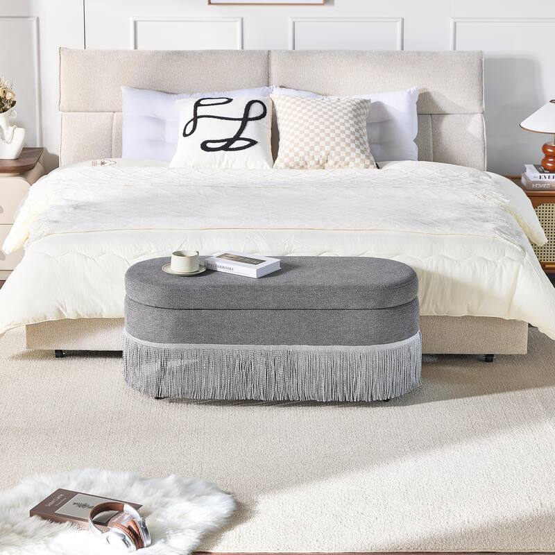 Oval Upholstered Storage Ottoman with Fringe Trim & Lift-Top Lid - 39"L x 16"W x 17"H,Multi-Functional Footrest & Hidden Storage