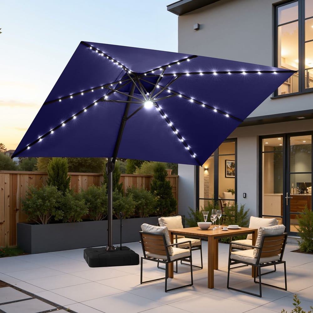 10 FT x 13 FT Outdoor Patio Aluminum Solar LED Lighted Cantilever Umbrella with Base Stand