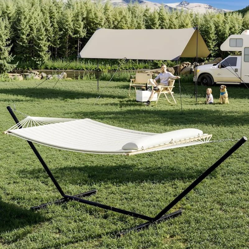 Outdoor 2-Person Hammock with Foldable Steel Stand for Garden - N/A