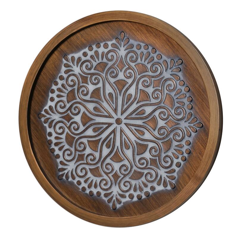 American Art Decor Boho Rustic Farmhouse Wood Framed Wall Medallion - Brown, White (17")