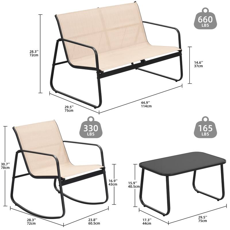 Moasis 4 Piece Outdoor Patio Conversation Set with Bistro Rocking Chairs,Loveseat and Glass Table