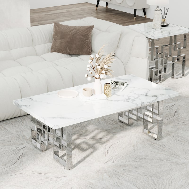 Faux Marble Coffee Table with Metal Legs for Living Room Office