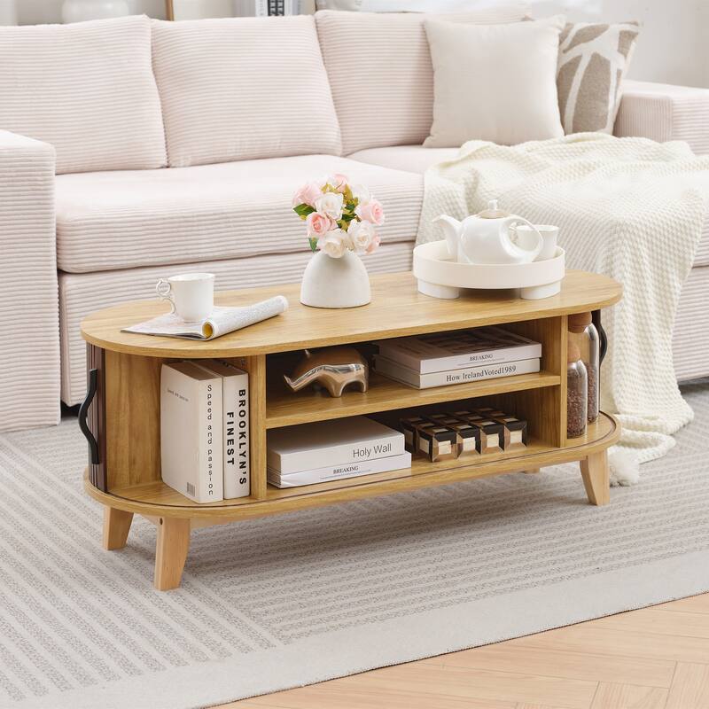 Sliding Door Coffee Table with Solid Wood Legs, Smooth Edges, and Ample Storage
