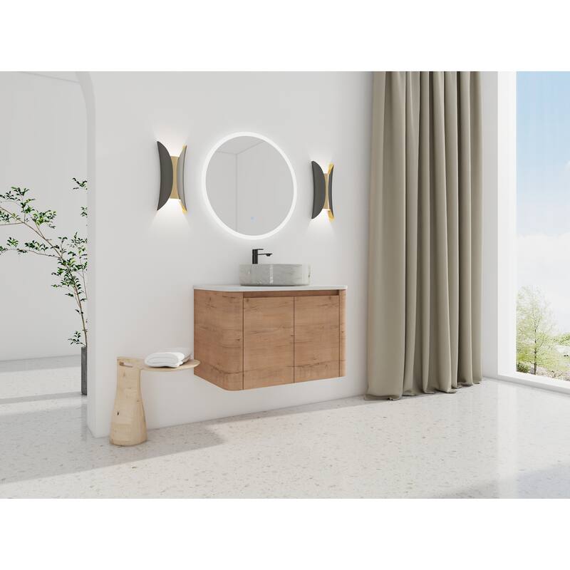 30'' Wall-Mounted Bathroom Vanity With Ceramic Art Sink & 2-Soft-Close Door, KD-Packing, Plywood