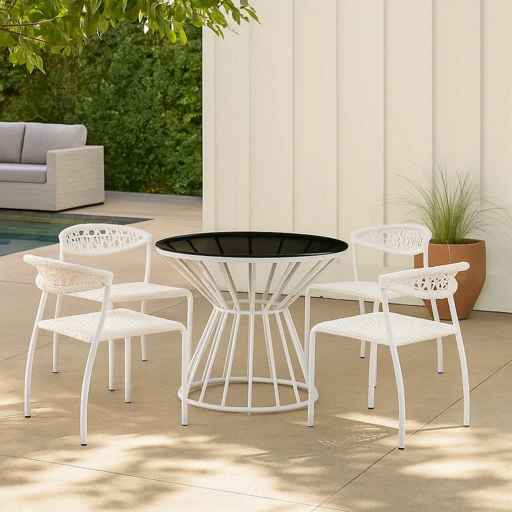 Industrial 5 Piece Metal Outdoor Dining Set, White and Black