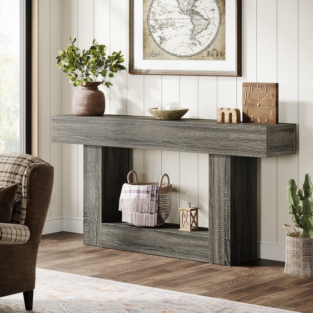 63 Inches Brown and Gray Narrow Long Wood Console Table for Entryway