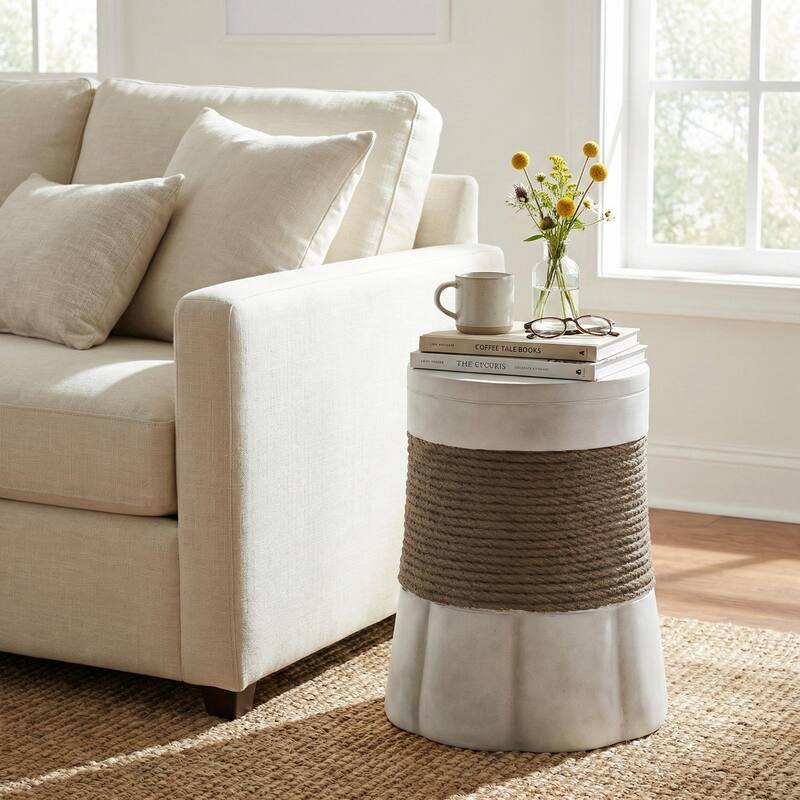 Outdoor Light Gray Brown Retro Woven Rope & Fan-Base MGO Side Table End Table for Home, Office, Living Room Outdoor