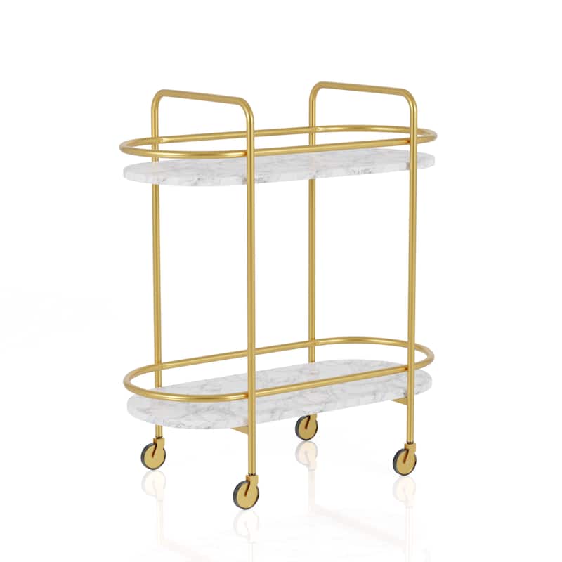Mardoc Contemporary White and Gold Faux Marble Two Tiers Serving Cart with Caster Wheels by Furniture of America