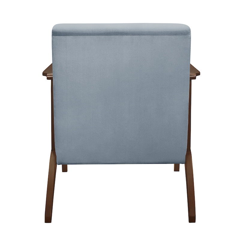 Rica 32 Inch Accent Armchair, Curved, Soft Blue Velvet, Brown Solid Wood