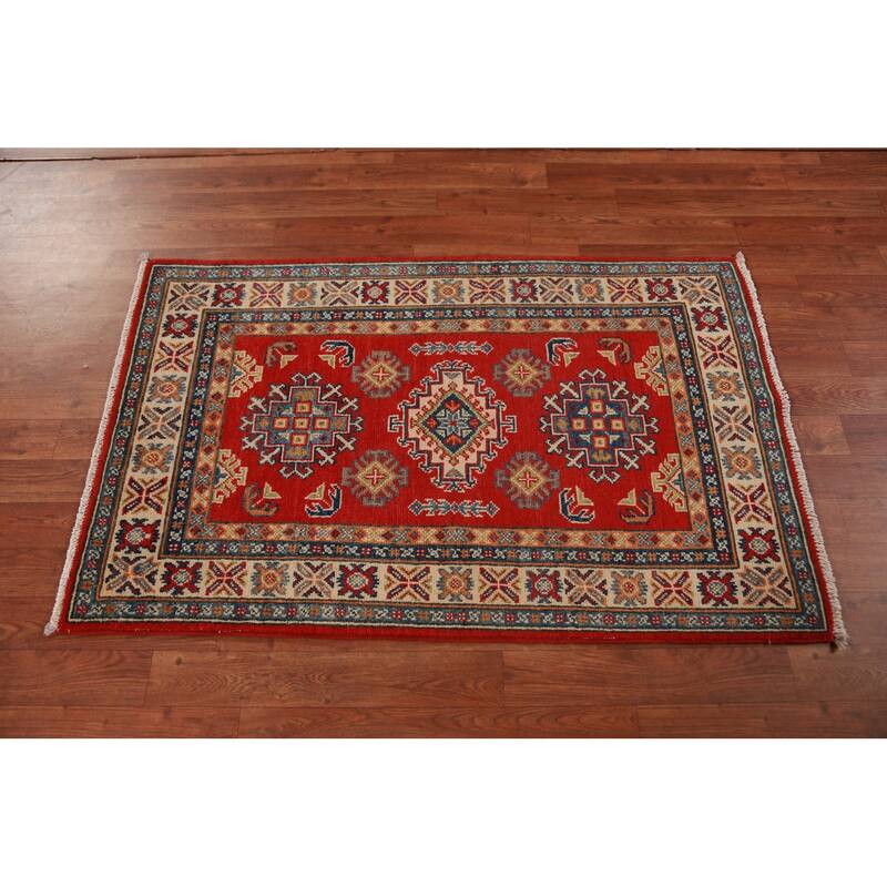 Red Geometric Kazak Foyer Rug Hand-Knotted Wool Carpet - 2'7"x 4'0"