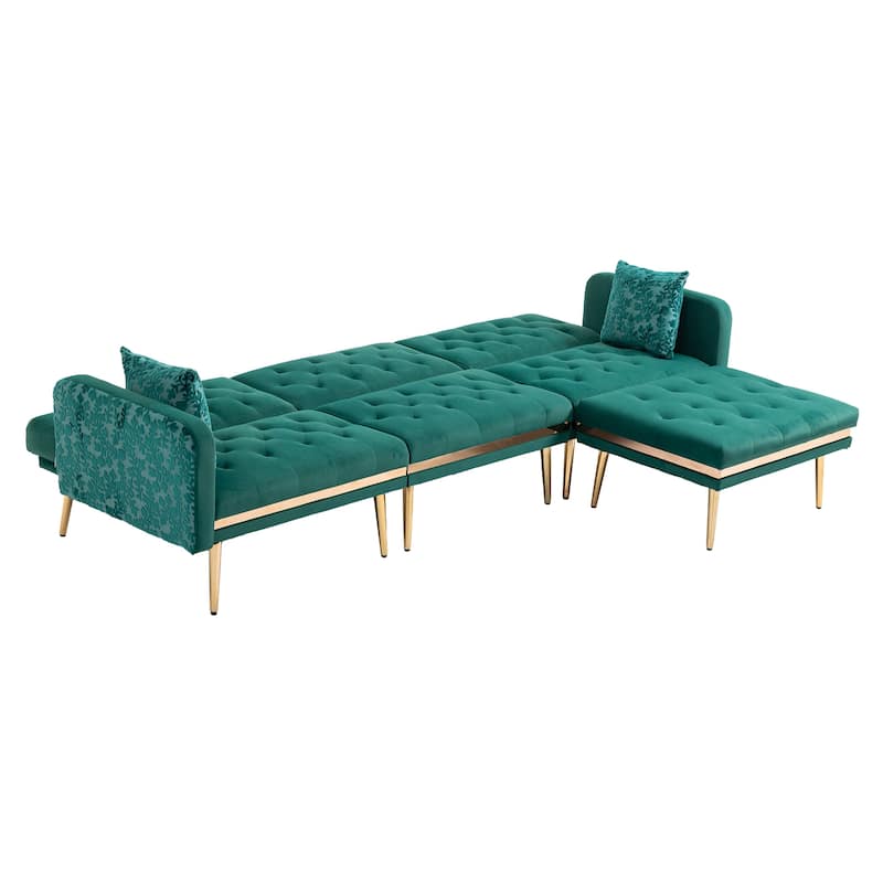 Polyester Upholstered Tufted Sleeper L-Shaped Sectional Sofa With Ottoman