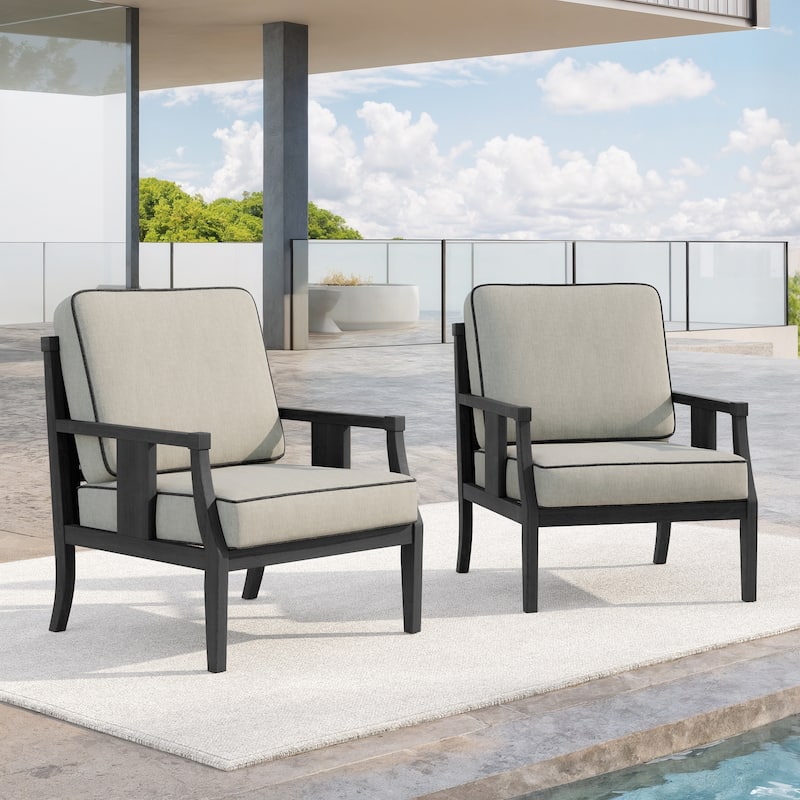 Set of 2 Outdoor Teak Wood Armchairs with Cushions, Patio Club Chairs - Dark Wood - Light Camel