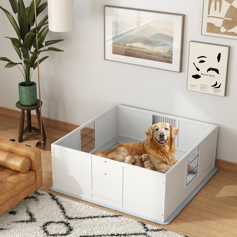 PawHut Whelping Box for Dogs and Puppies, Dog Whelping Box with Waterproof Pee Pad, Adjustable Height Door - White