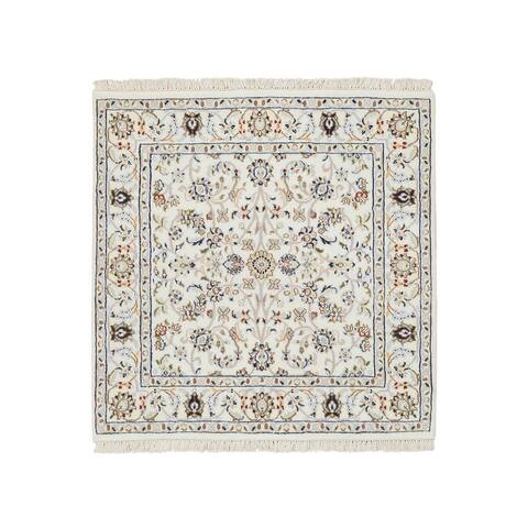 Shahbanu Rugs Ivory, Nain with All Over Design, 250 KPSI, Hand Knotted, Wool and Silk, Square Oriental Rug (3'1" x 3'1")