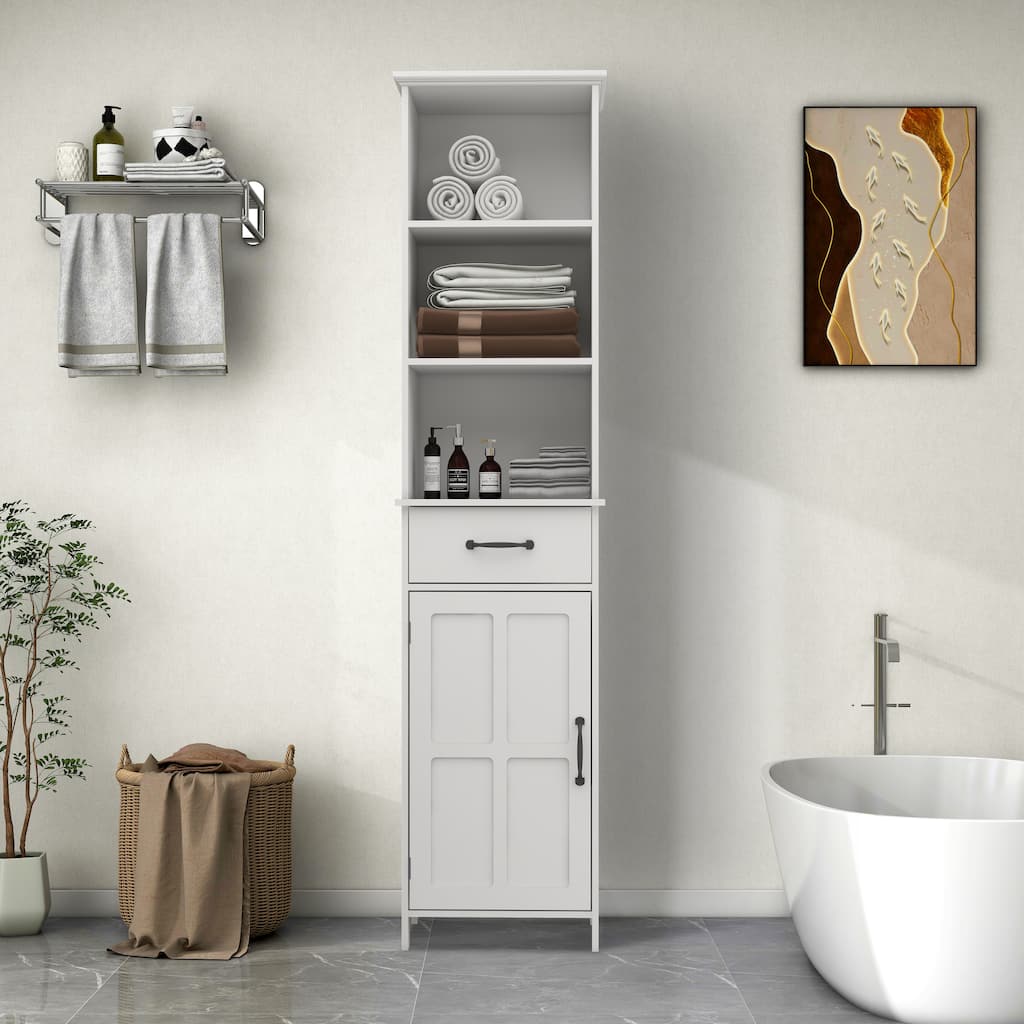 65"H Wooden Bathroom Storage Cabinet with Single Door and Shelves