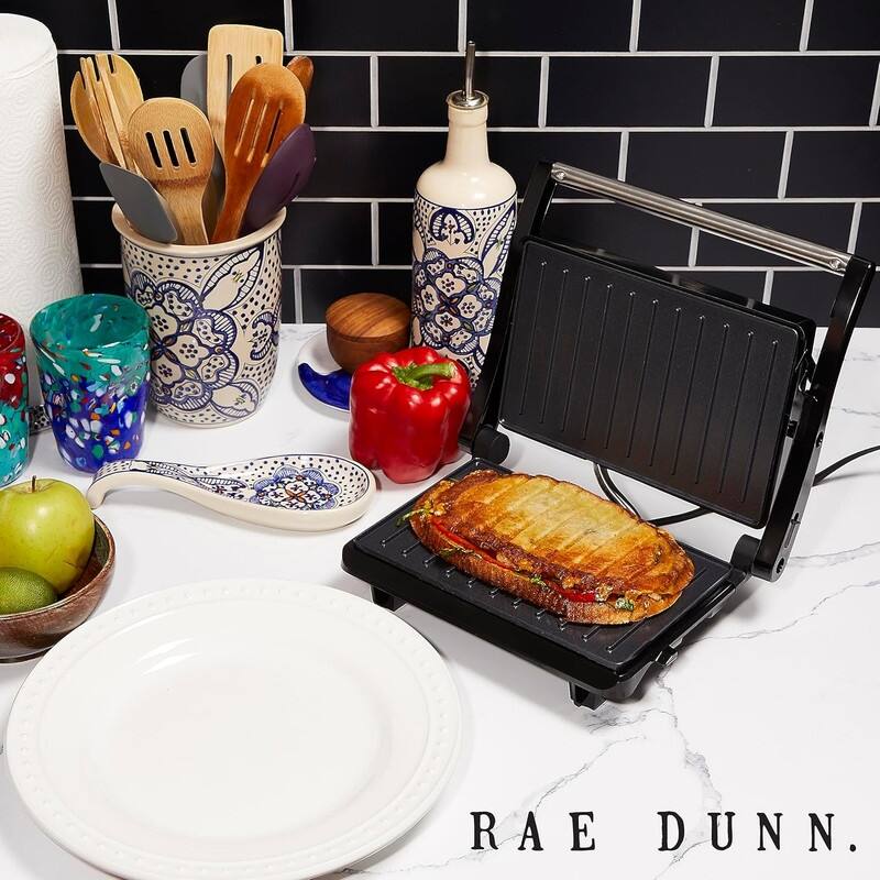Rae Dunn Panini Maker 750 Watt 2-Slice Press Grill with Indicator Lights Opens 180 Degrees Double Sided Heating Non-stick