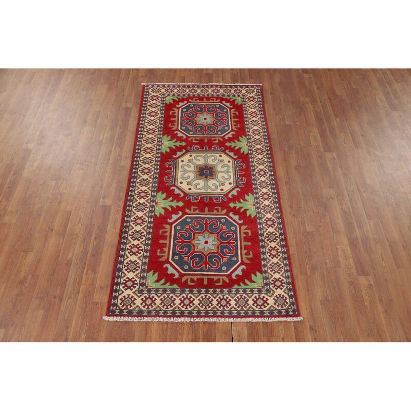 Geometric Red Kazak Oriental Runner Rug Hand-Knotted Wool Carpet - 3'4" x 6'7"