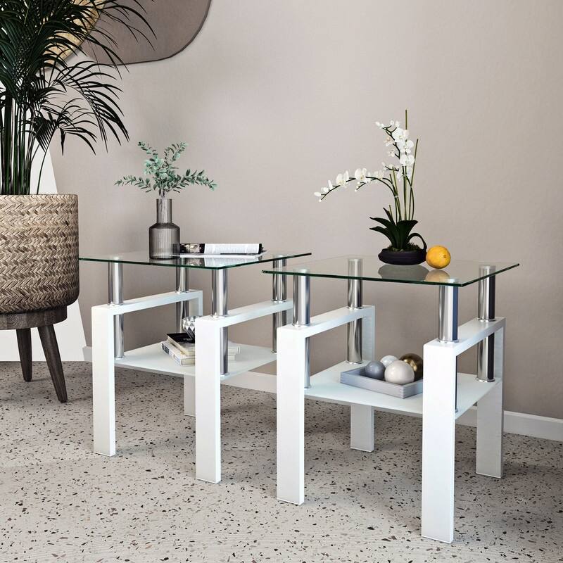 Set of 2, Modern Tempered Glass Tea Table Coffee Table End Table, Square Table for Living Room