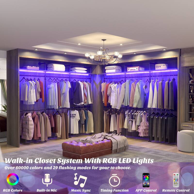 Industrial Pipe Clothing Rack, Reversible 118.3'' Garment Rack with LED Lights& Shelves for Walk-in Closet