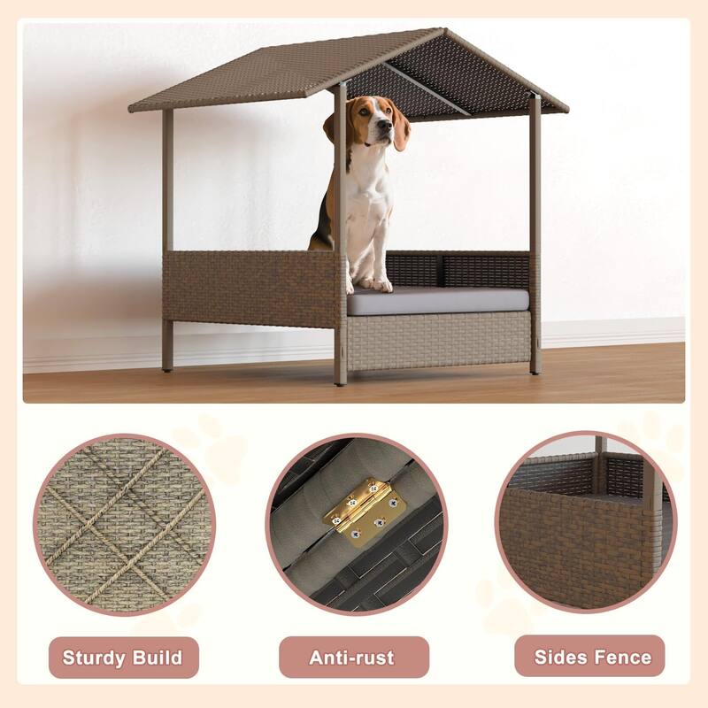 BOSSIN PE Rattan Dog House with Canopy - Indoor/Outdoor Shelter for Small/Medium Dogs, Removable Cushion - Patio,Yard, Poolside