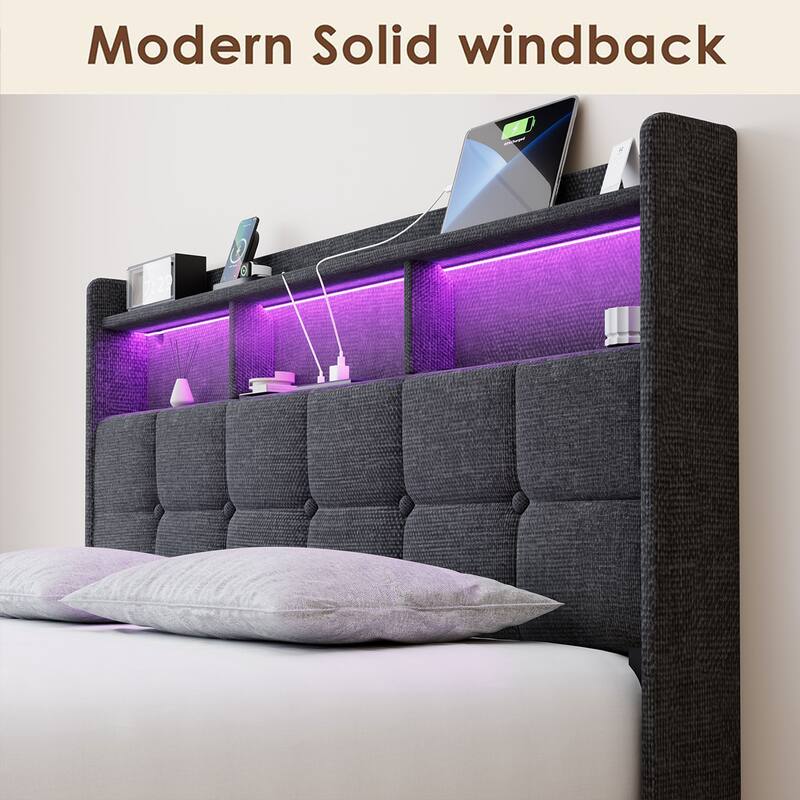 King Size Upholstered Platform Bed with LED Lights, Charging Station & Storage Headboard, No Box Spring Needed