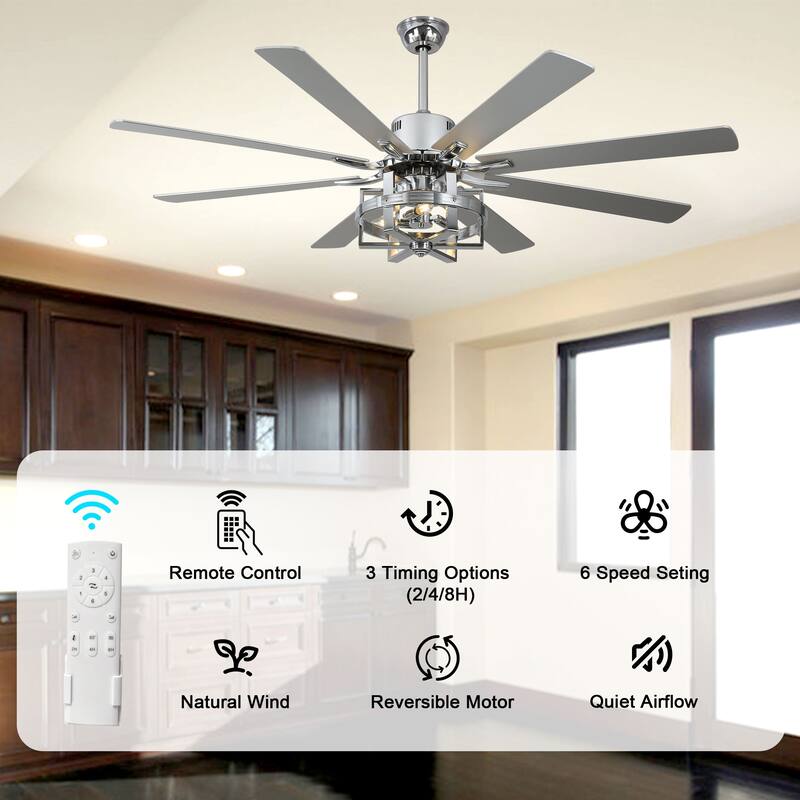 Bella Depot 65" Industrial Large Ceiling Fan 6-Speed 8-blades Reversible Fan with Light and Remote