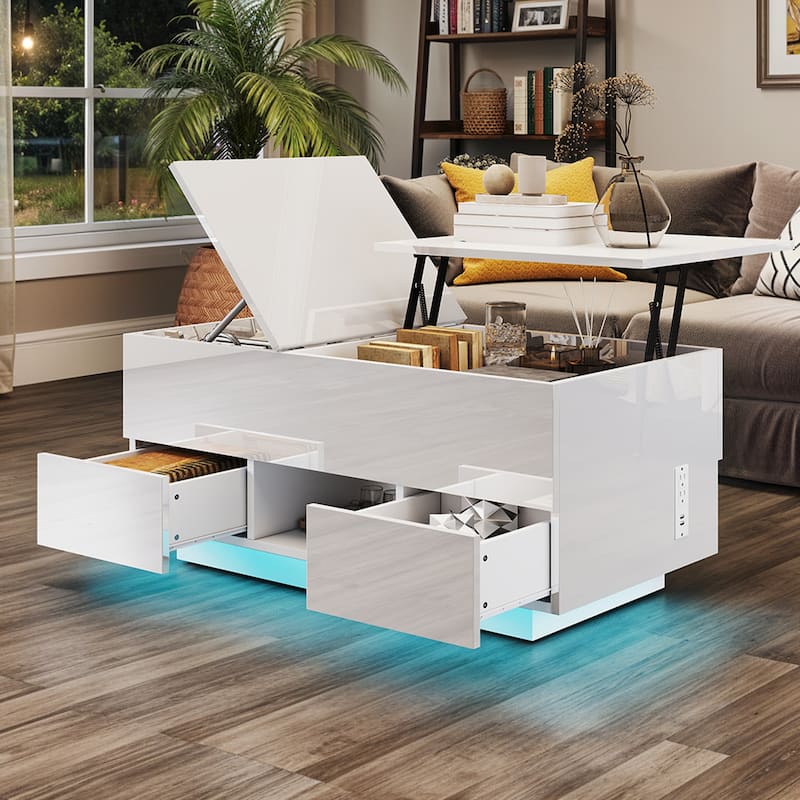 Moasis Modern Glossy Lift Top Coffee Table with Drawers and Hidden Compartment - White