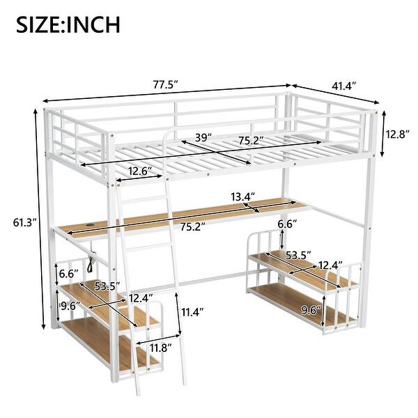 dimension image slide 1 of 2, Twin Size Metal Loft Bed with Desk, Storage Shelves and Charging Station
