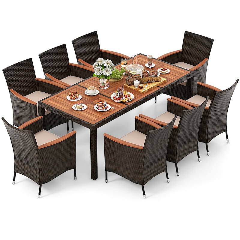 Gymax 9PCS Wicker Dining Set Acacia Wood Table Top Umbrella Hole - Brown