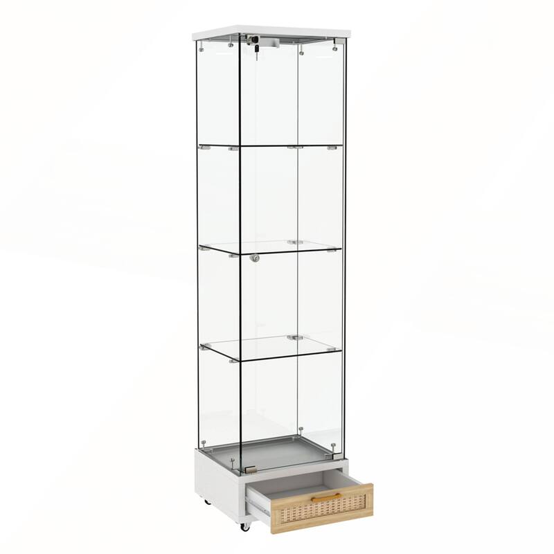 Modern Glass Display Cabinet with Drawer and LED lights for Living Room and Bedroom