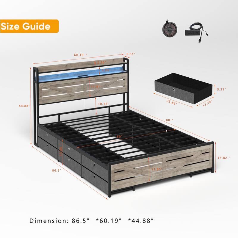 Storage Bed Frame with 12 Fabric Drawers, Metal Platform Bed with Headboard Footboard, LED Lights, Integrated Charging Station