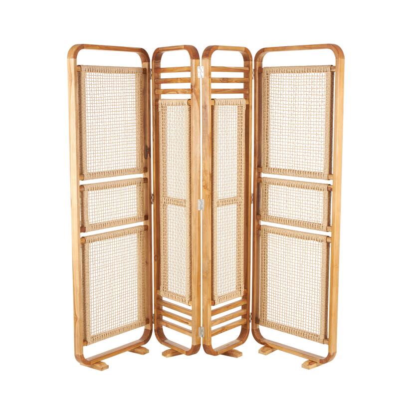 Teak Wood Handmade Foldable Partition 4 Panel Room Divider Screen with Woven Rattan Panels - Brown - Roche River Decor