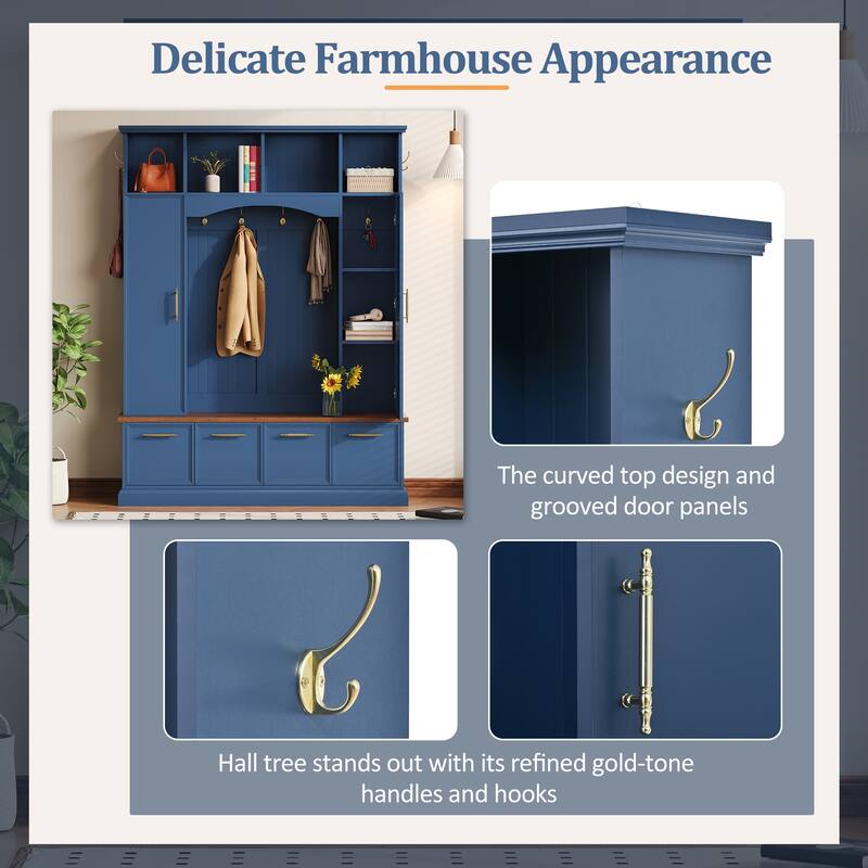 59" Farmhouse Hall Tree - 4-in-1 Entryway Bench with Golden Hooks, Adjustable Shelves & Shoe Storage